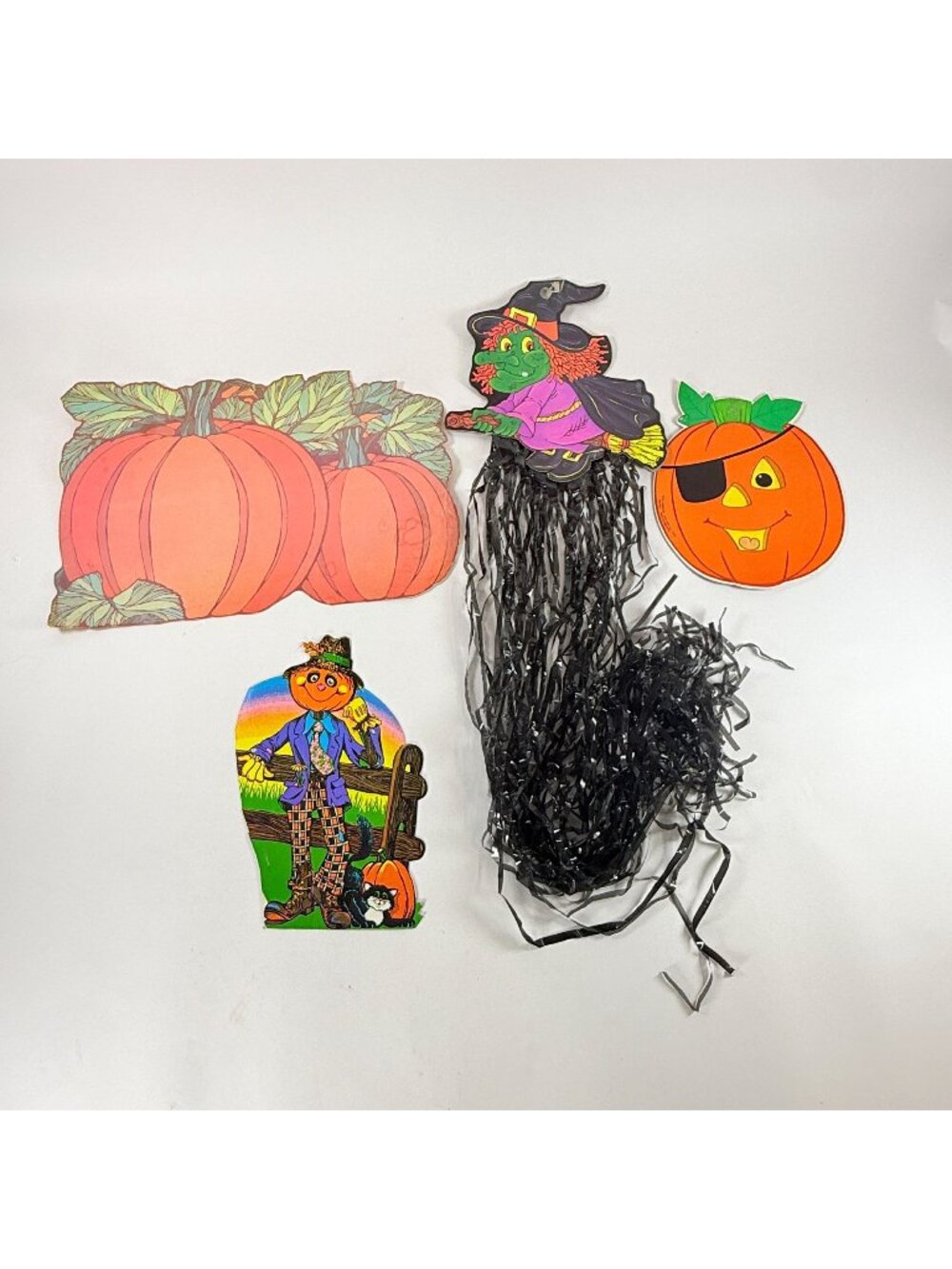Vintage Halloween Cardboard Die Cuts Witch Pumpkin Scarecrow Wall Decor Lot
